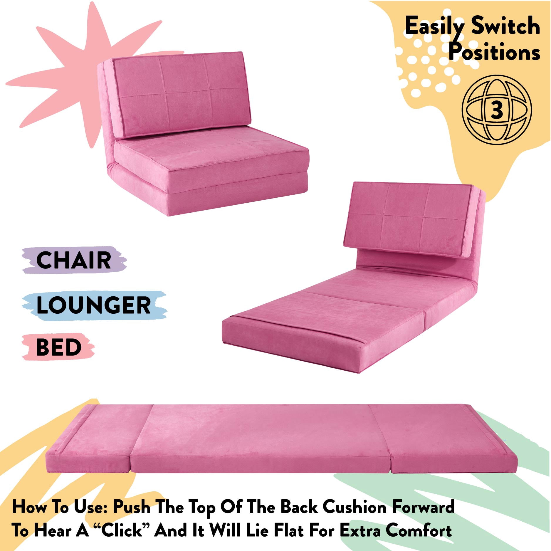 Room Revival Ultra Soft Suede 3 Position Convertible Flip Lounge Chair, Racy Pink
