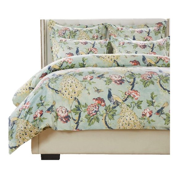 Benjara Sia 3pc Cal King Duvet and Pillow Sham Set- Floral Jade Print Cotton