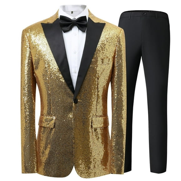 Ediodpoh Men's Suits Men's Sequined Jacket Pants Suit Tuxedo Party Dance Wedding Sequined Tuxedo One Button Jacket Set Suits for Men Gold M