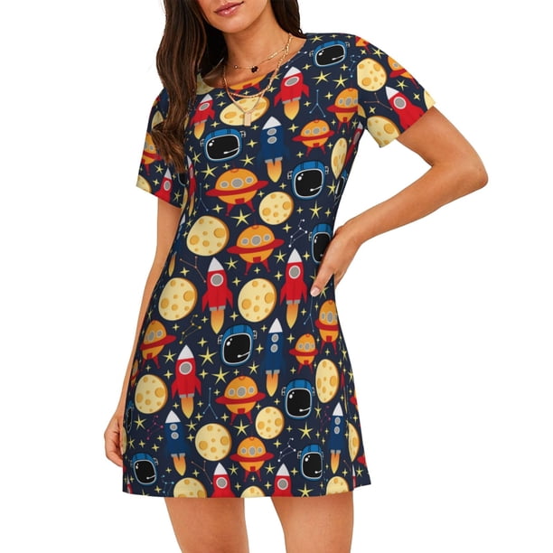 Disketp Colorful Astronomy para Camisón Corto de Manga Corta para Mujeres, Camisón Cómodo con Escote Redondo, Bonito y Confortable