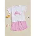thumbnail image 4 of Toddler Baby Girls Easter Outfit 6 12 18 24 Months 2T 3T 4T Bunny Embroidery Short Sleeve T-Shirt and Elastic Striped Ruffled Shorts Clothing Set, 4 of 9