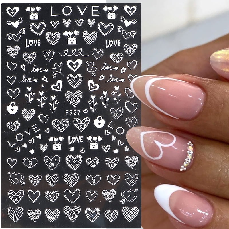 3pcs 3D Elegant White Heart Nail Stickers Valentine Love Designs Nail Art Decals Self Adhesive Decoration DIY Manicure Supplies