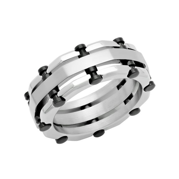 Men’s Stainless Steel Silver-Tone & Black Rivet Accent Layered Band