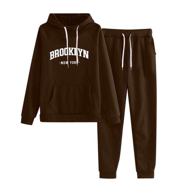 Gibobby Conjunto de sudadera para mujer Mujer Casual moda sudadera con capucha cintura elástica cordón manga larga pantalones traje(Café,M)