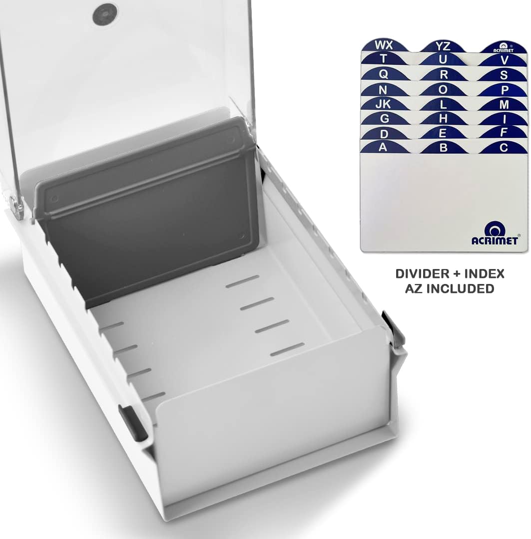 Acrimet 3 x 5 Card File Holder Organizer Box Metal Base Heavy Duty (AZ Index Cards and Divider Included) (White Color with Clear Crystal Plastic Lid Cover)