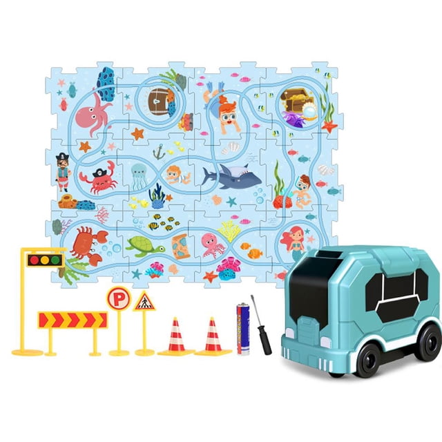 Montessori Track Car Toy Set 12-Piece Educational Puzzle for Kids 3+ with Motorized Car Develops Critical Thinking & Problem Solving Skills