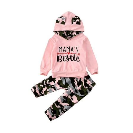 

2Pcs Baby Girls Fall Winter Clothes Mamas Bestie Hoodie Sweatshirt Tops & Camo Pants Outfits Clothing Sets