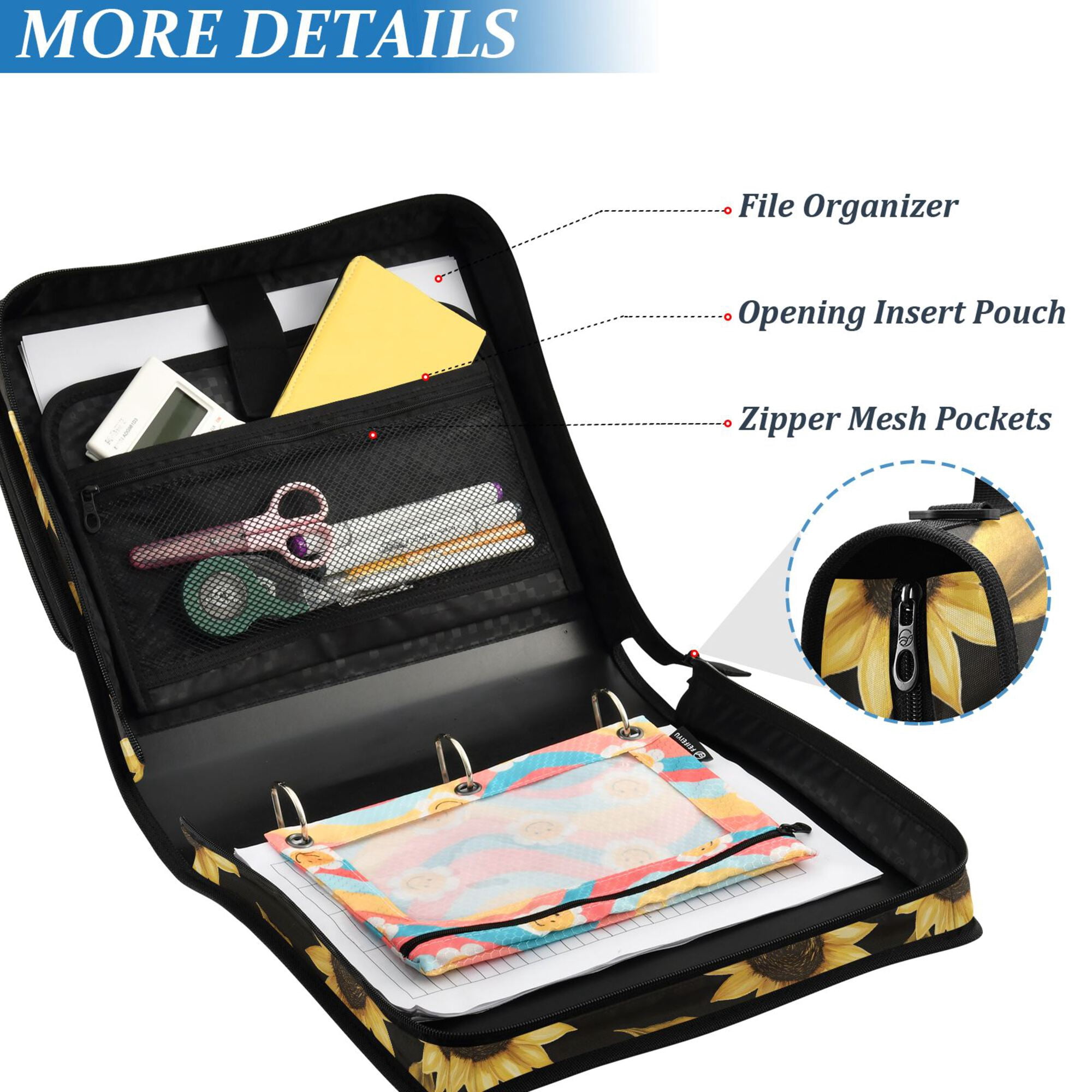 FORMRS Zipper Binder with Shoulder Strap 2-inch Ring 500 Sheet Capacity File Bag, Black Sunflower Pattern