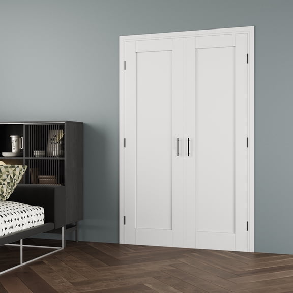 48" x 80" 1 Panel Double Doors with French Door Ready-to-Assemble Jamb, Solid Core Door, Black Ball Catch, Interior Door, Pre-finished & Paintable, White
