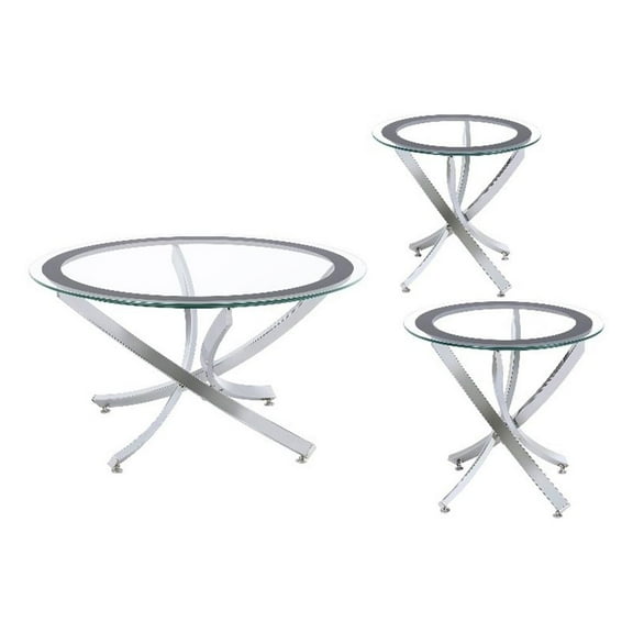 Pemberly Row 3-piece Round Glass Top Metal Base Coffee Table Sets Chrome & Black