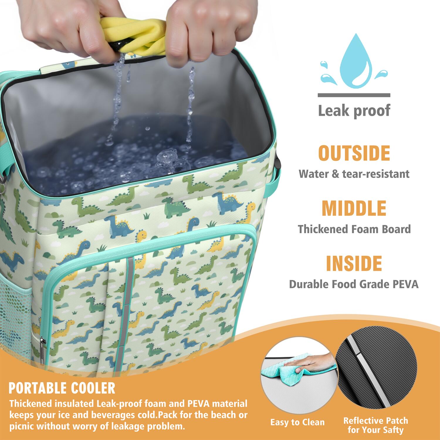 Travel Cooler Bag - LightGreen Cartoon Dinosaurs Clouds Pattern Camping Beer Cooler Backpack with Bottle Opener- Waterproof Insulated Picnic Backpacks - Cooler Bag for Beach