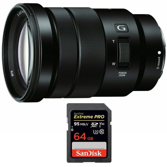 Sony SELP18105G E PZ 18-105mm f/4 G OSS Power Zoom Lens Bundle with Sandisk Extreme PRO SDXC 64GB UHS-1 Memory Card