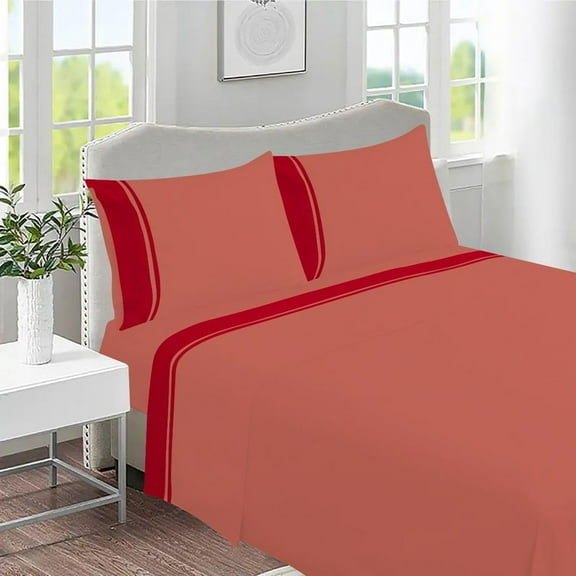 DNG Creations 4 Piece Two Tone Sheet Set 100% Egyptian Cotton, 800 Threads Count - 24 Inch Deep Pocket ( Solid Brick-Red/Red - Twin )