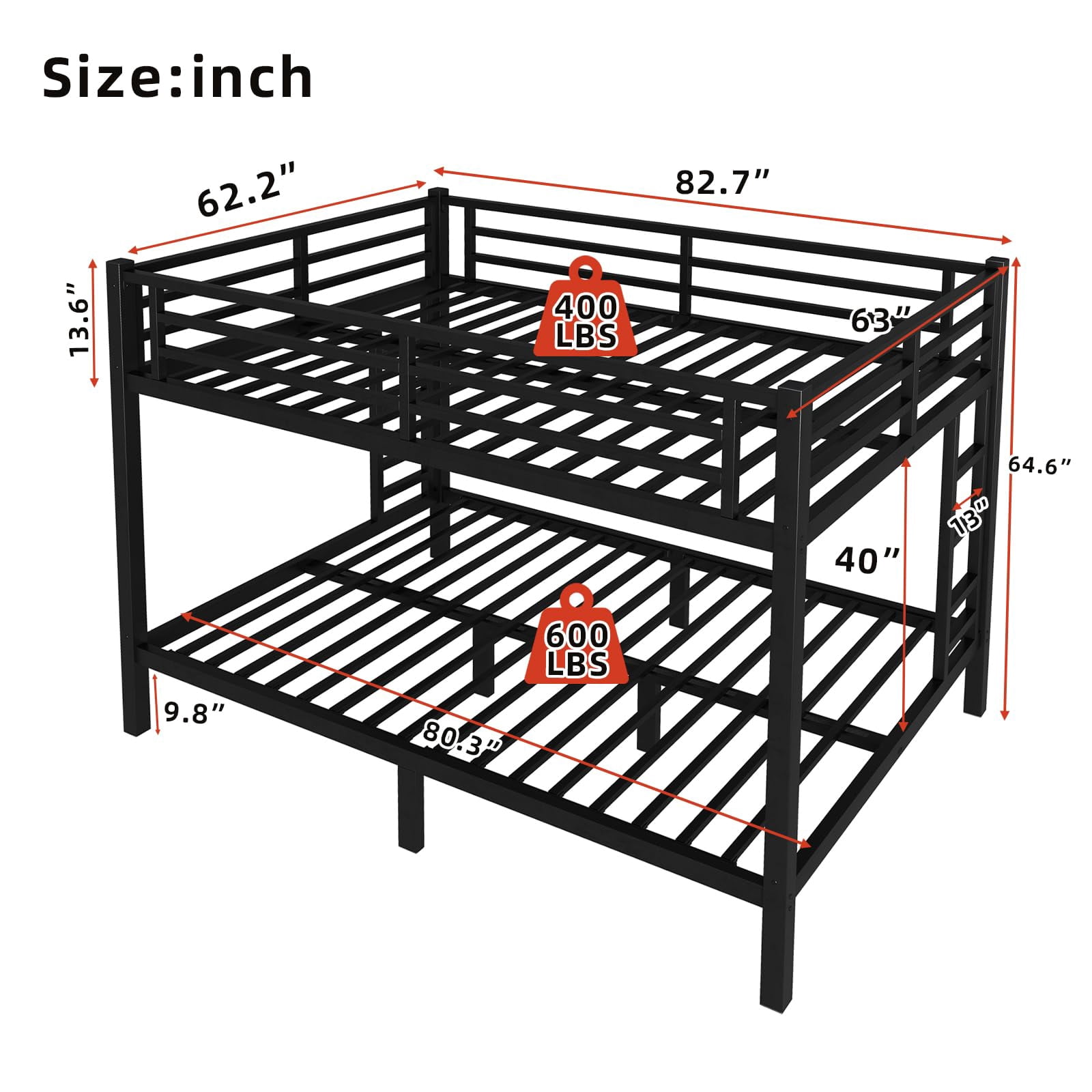 Miniyam Queen over Queen Metal Bunk Bed, Heavy-Duty Steel Frame for Adults with Safety Guardrails, Black