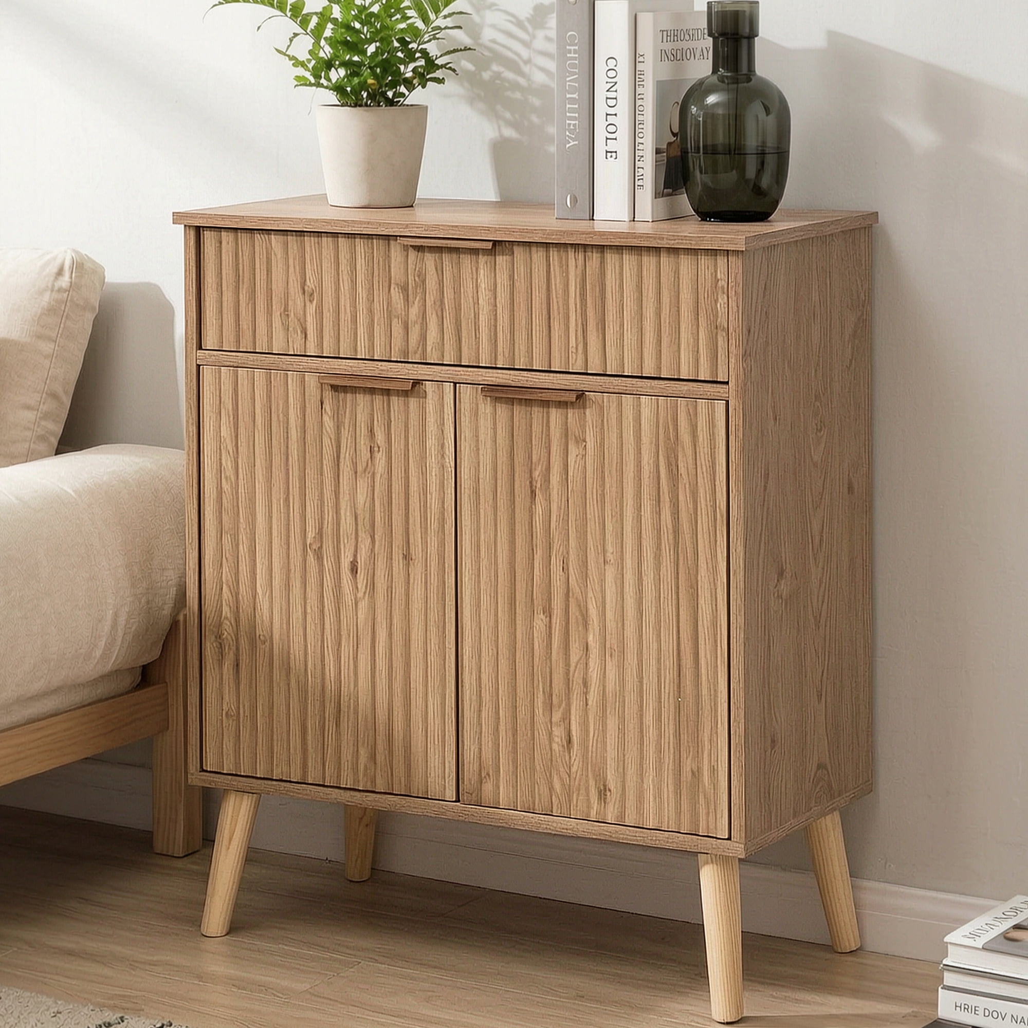 Kitchen Storage Cabinet, Adjustable Shelves , Storage with 1 Drawers and 2 Doors, Cabinet with Solid Wood Feet,Floor Sideboard Buffet for Living Room, Living Room, Kitchen, Entryway,(Natural Color)