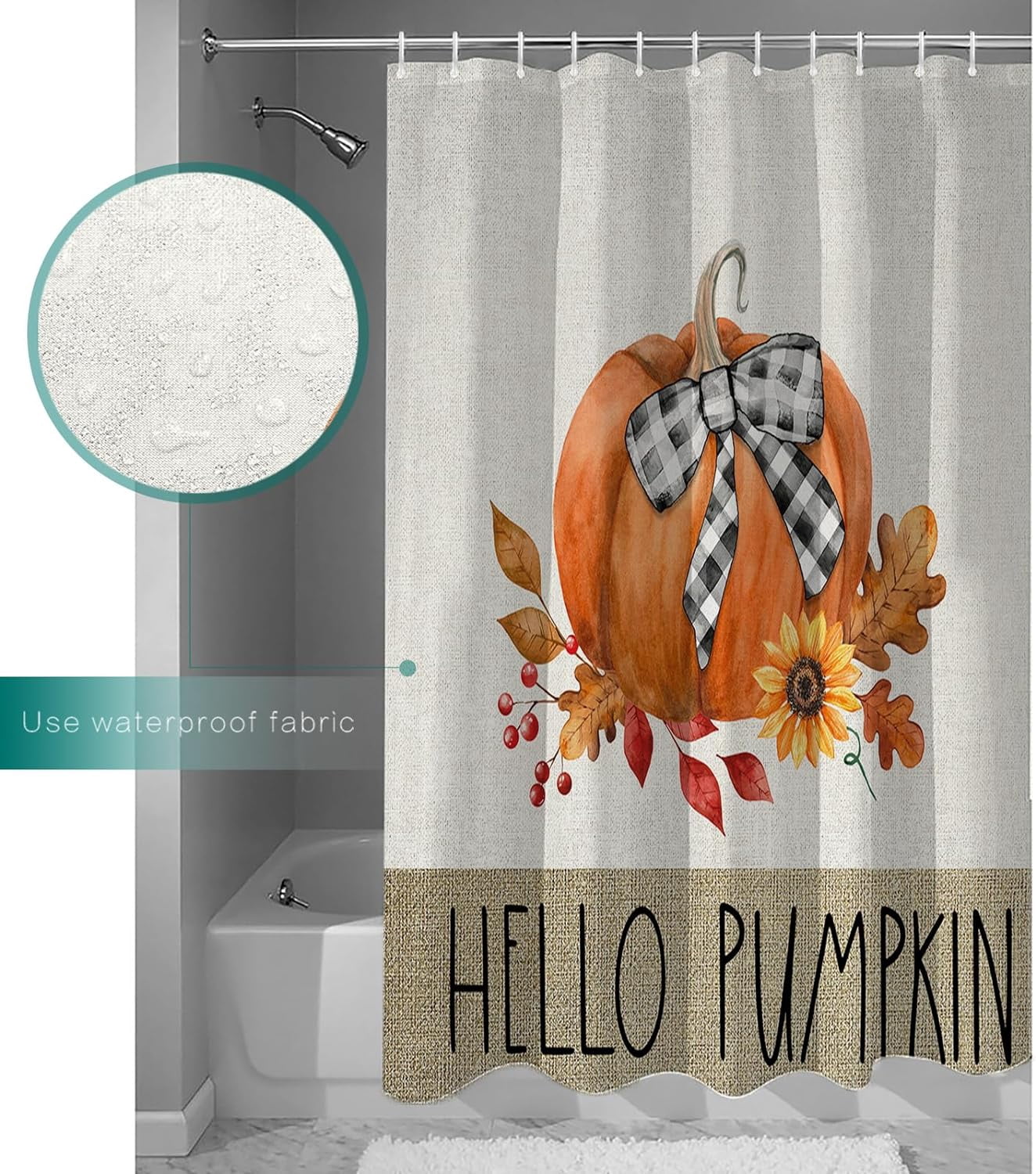 Fall Shower Curtain Hello Pumpkin Shower Curtains for Bathroom Autumn Leaves Sunflower Bath Curtains Sets for Autumn Thanksgiving Seasonal Bathroom Decor Polyester Fabric Waterproof 72 x 72 in