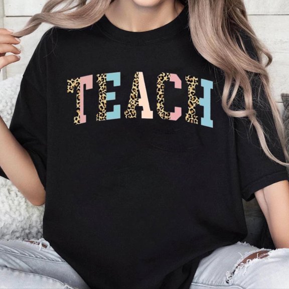 100% Cotton Teacher T-Shirt Tank for Women Funny Letter Print Colorful Leopard Pattern Teacher Life Shirt Gratitude Teacher Gift Top