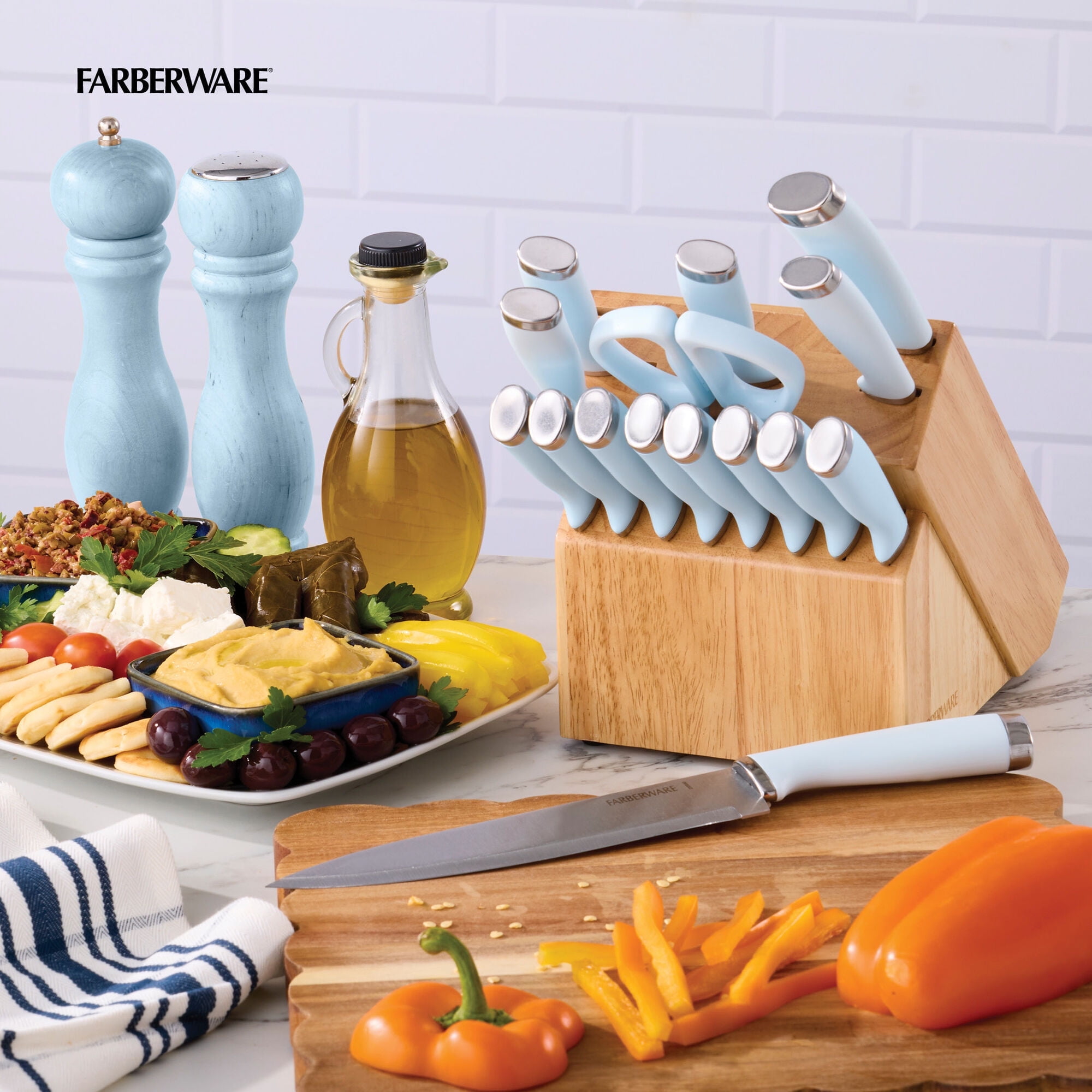 Farberware Classic 16-Piece Natural Knife Block Set with Kitchen Shears, Ice Blue