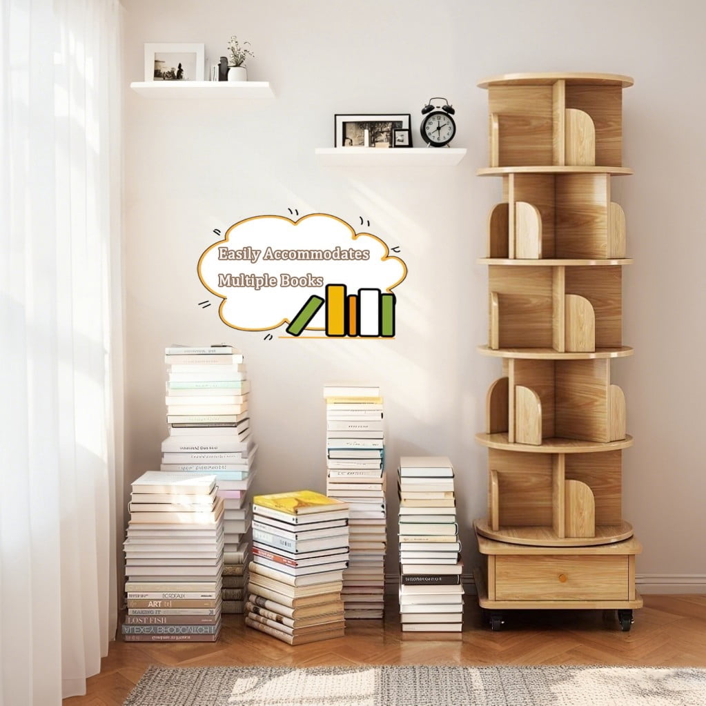 6-Tier Rotating Bookshelf with Wheels, 360° Spinning Bookcase Tower with Drawer & Wraparound Baffles, Space-Saving Storage Shelf, Natuarl