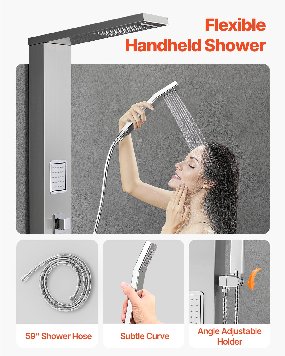 VEVOR Shower Panel Tower System with Rainfall Waterfall Shower Head, 53 in Brushed Stainless Steel Shower Column, 5-Function Faucet, Wall-Mount Rain Massage System with 2 Body Jet,Handheld,Tub Spout