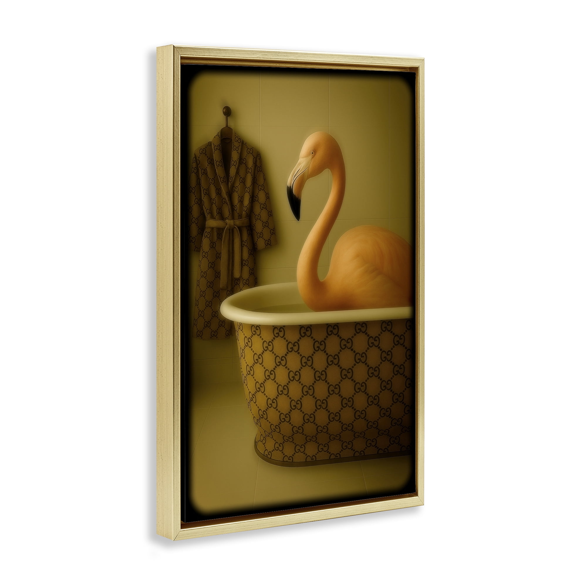 Stupell Industries Couture Flamingo in Luxury Tub Gold Framed Floater Canvas Wall Art, design by Grotto Studios