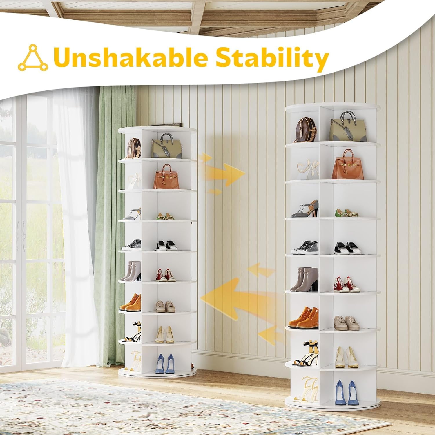 YODOLLA 8 Tier Rotating Shoe Rack, 360° Spinning Shoe Display Lazy Susan in White (23.6’’×23.6’’×71.6’’)