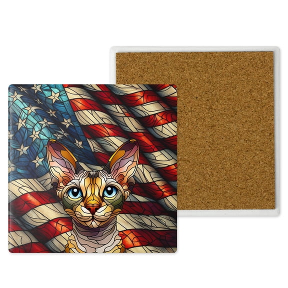 Patriotic Devon Rex Stained Glass Portrait American Flag Set of 4 Stone Coasters Cat Lover Kitten Owner Gifts 4x4in Absorbent Soapstone Coaster - 01010