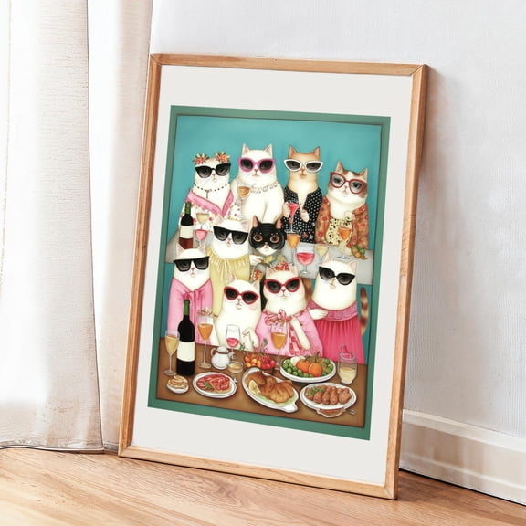 Retro Cat Party Wall Art Print, Dining Cats Print, Whimsical Kitchen Decor Home Decor #1098, Unframed Poster Size 8x12