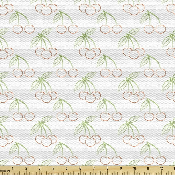 Summer Fabric by the Yard Upholstery, Juicy Fruits Ripe Cherry Branches Eating Healthy Delicious Organic, Decorative Fabric for DIY and Home Accents, Fern Green Coral and White by Ambesonne
