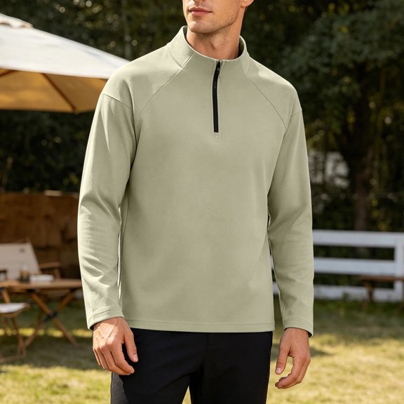 tarylea Mens Shirts Long Sleeve Quarter Zipper Mock Neck Pullover Tops Casual Loose Fall Plain T-Shirts