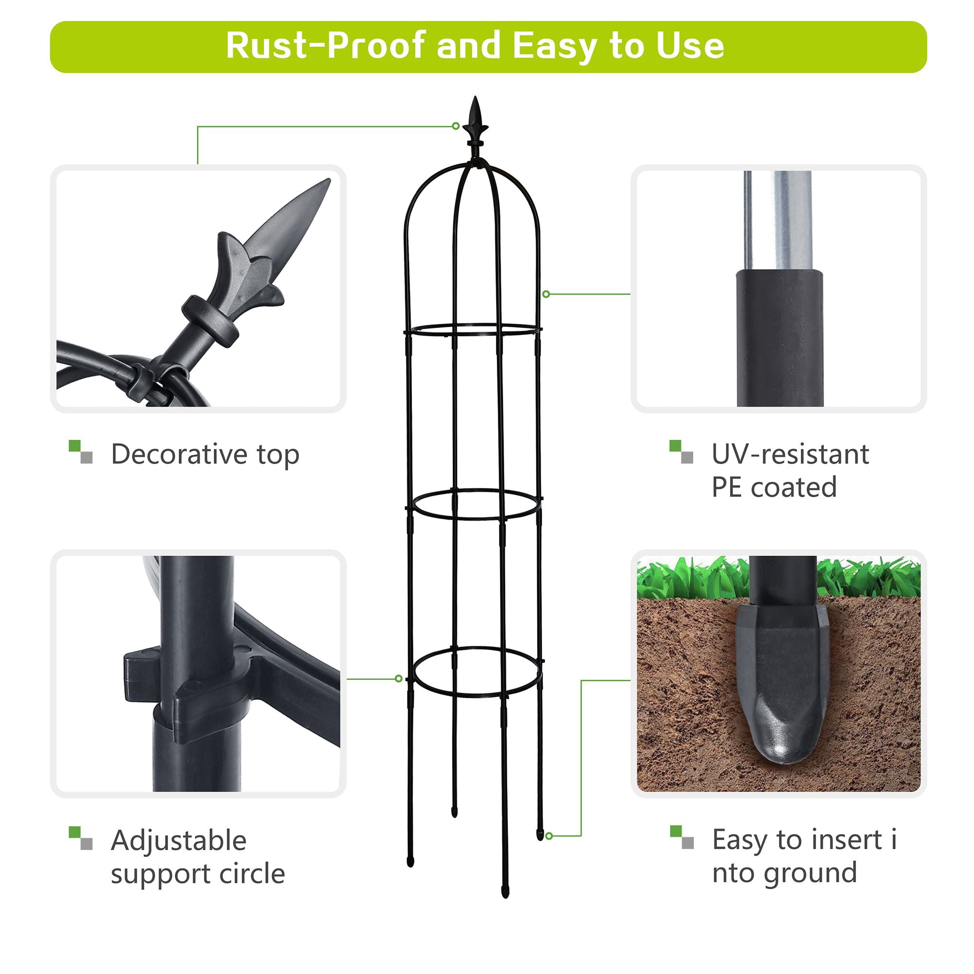 6.2ft Garden Obelisk Trellis, Lightweight Rustproof Plastic Coated Metal Tall Tower Trellis Stand