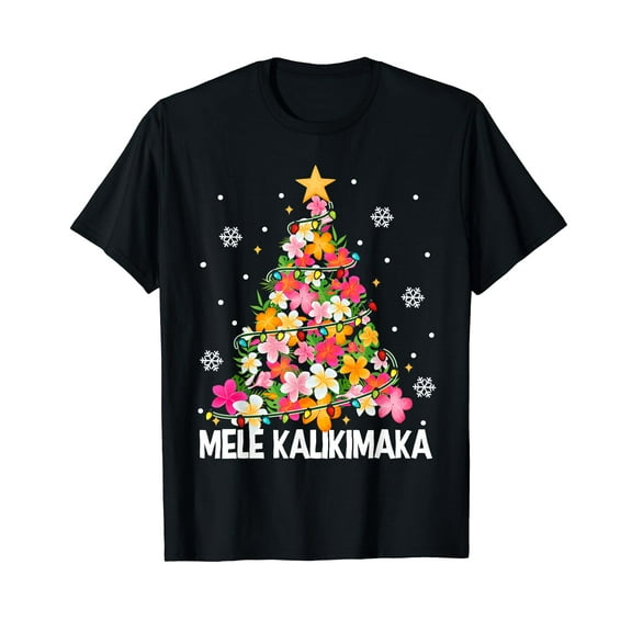 Hawaiian Floral Christmas Tree Mele Kalikimaka Tropical Xmas Black T-Shirt