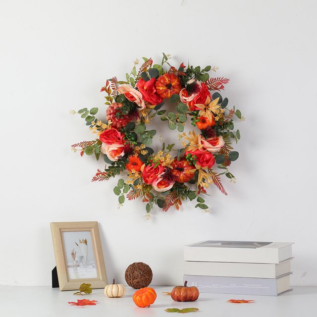 Xihbxyly Corona de Flores Artificiales con Diseño de Calabazas, Vibrante Decoración para Puerta, para Uso En Interiores y Exteriores, Adorno Festivo de Otoño, Decoración de Acción de Gracias, 15.75 P