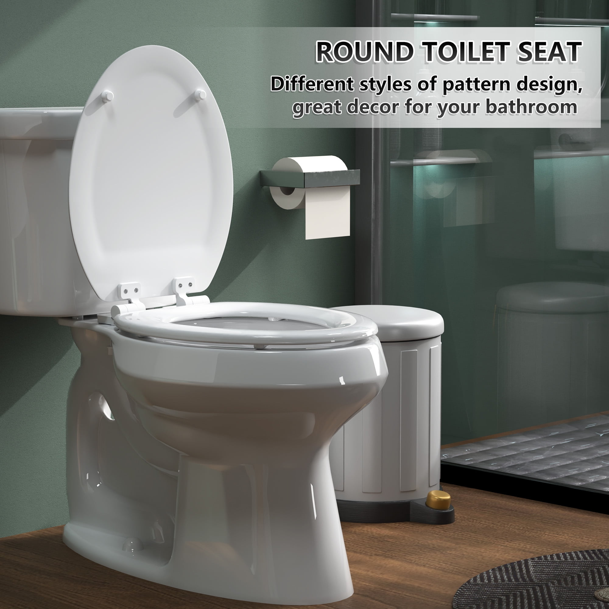 Angol Shiold Wood Toilet Seat with Non-Slip Adjustable Hinges, Quiet-Close ( White, Elongated 18.5'' )