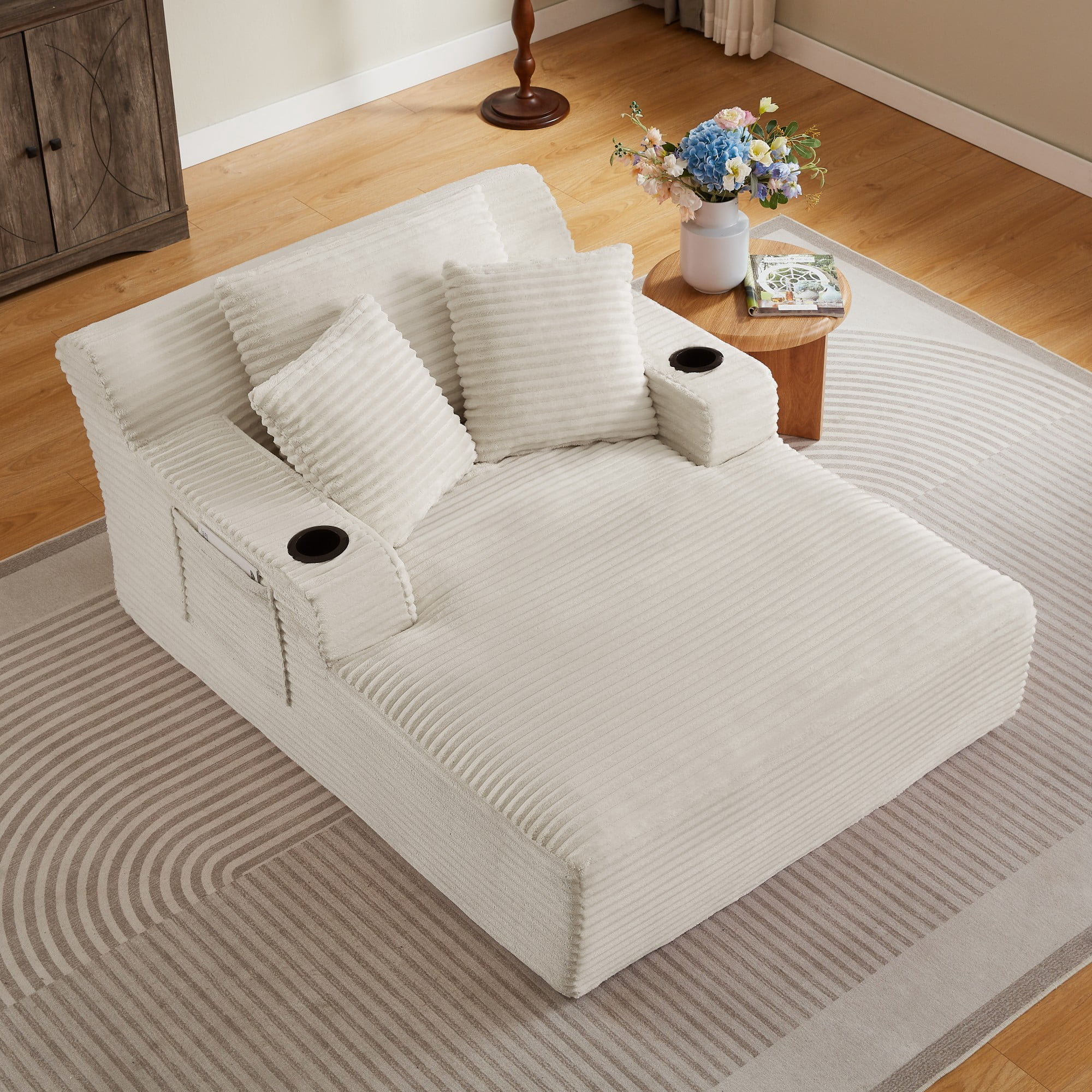BSHTI 66.1" Corduroy Oversized Chaise Lounge Chair with Cup Holder, Side Pockets and Boneless Design for Living Room（White）