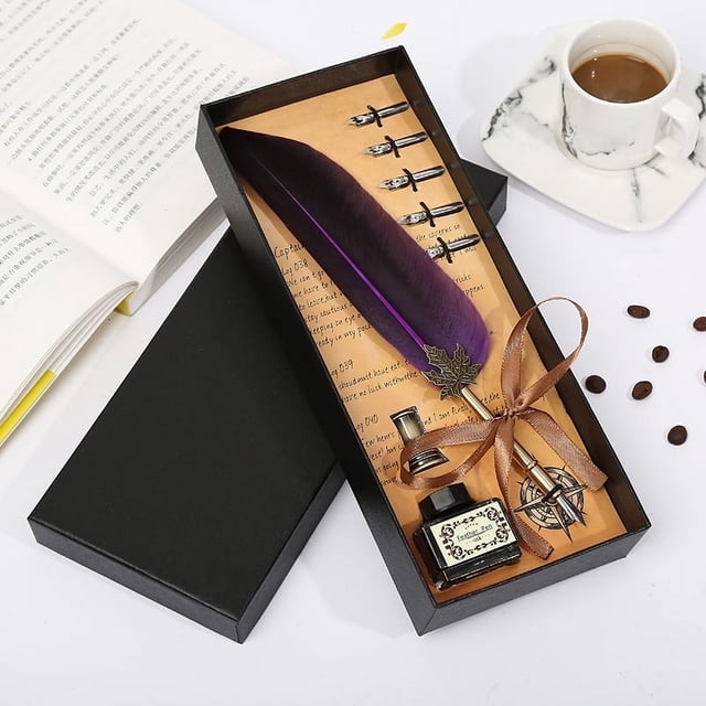 Estuche para bolígrafos de pluma corta, juego de papelería con punta de tinta, caja de regalo con pluma de inmersión retro