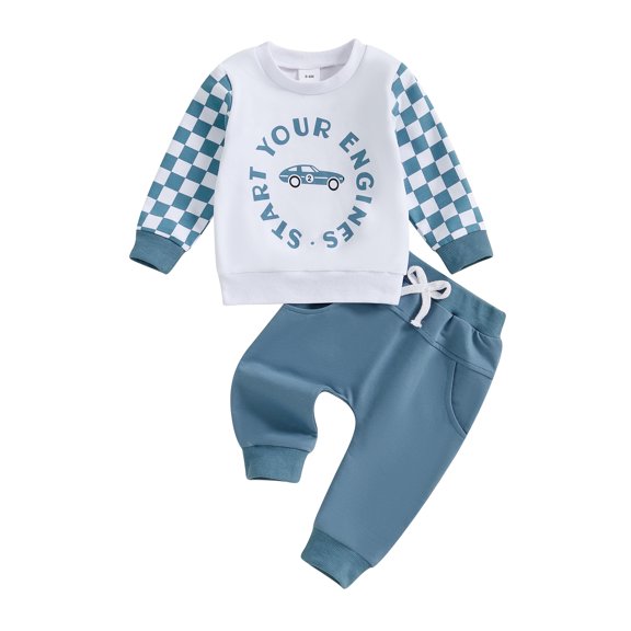 Baby Toddler Boys Pants Clothing Set, 0 6 12 18 24 Months 2T 3T Long Sleeve Crew Neck Plaid Letters Print Sweatshirt with Elastic Waist Sweatpants Infant Clothes