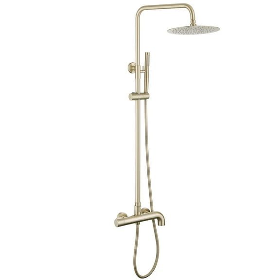 Exposed Shower System with Rainfall Head Handheld Spray and Tub Spout, Height Adjustable Solid Brass 3-Functions Wall Mounted Outdoor  Complete Shower System, Brushed Gold