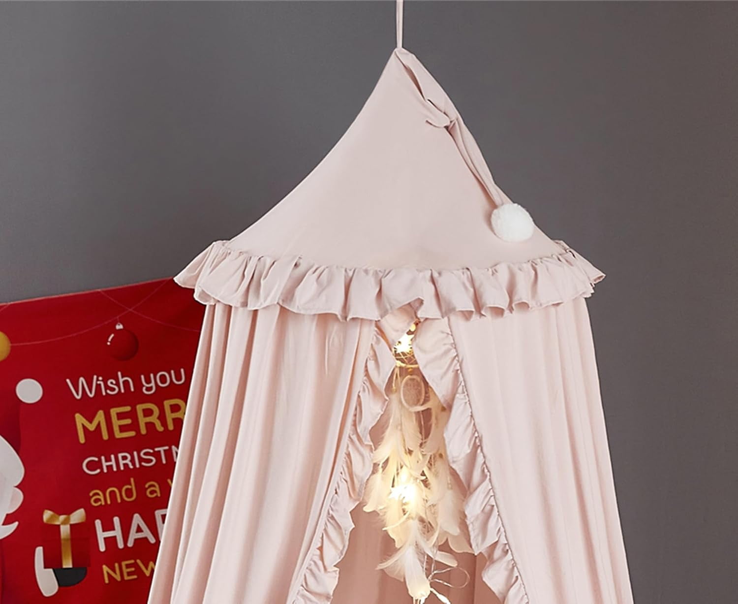 Bed Canopy for Girls,Princess Round Dome Dreamy Mosquito Net Bedding Girls Room Castle Play Tent Hanging House Decor Reading Nook Canopies (Beige Pink)