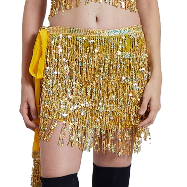 Trajes de actuación para danza del vientre para mujer, bufanda de cadera, falda, ropa de festival con flecos de lentejuelas (talla única)