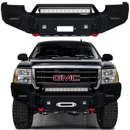 Vijay Compatible with 2007-2008-2009-2010-2011-2012-2013 GMC Sierra 1500 Steel Front Bumper with Winch Seat and LED Lights and D-Rings