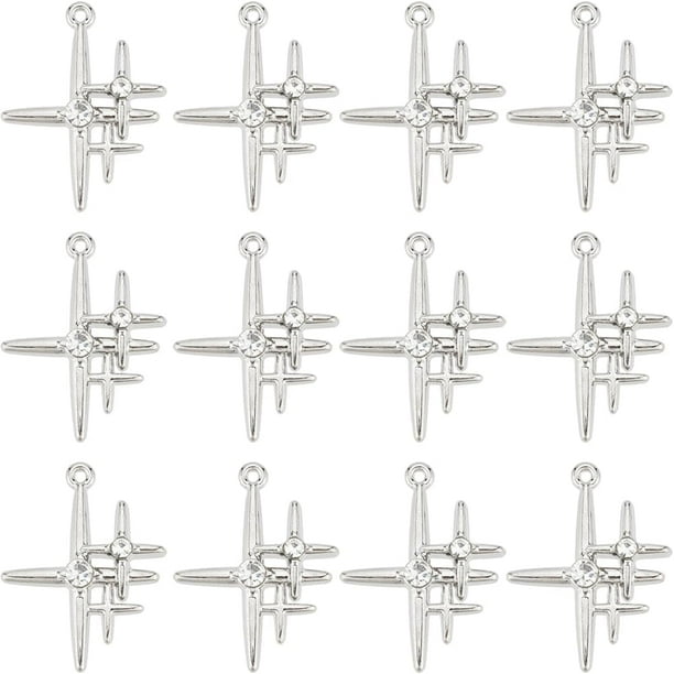 1 caja con 30 dijes de estrella plateados, dije de estrella de cuatro puntas, diamantes de imitación de cristal transparente, tres mini estrellas de aleación.