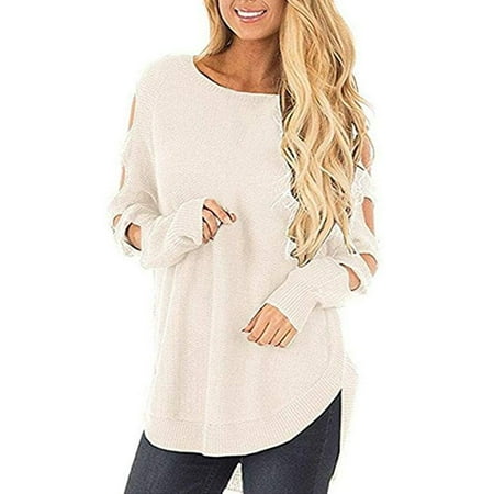 - Women's Casual Round Neck Long Sleeve Hollow Loose Fit Knit Sweater Pullover Tops Jumper