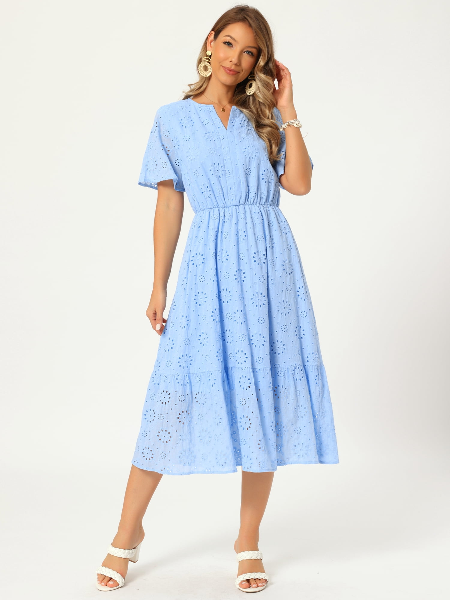 DARING DIVA Women's Eyelet Dress Notched Neck Short Sleeve A Line Midi Dress S Sky Blue