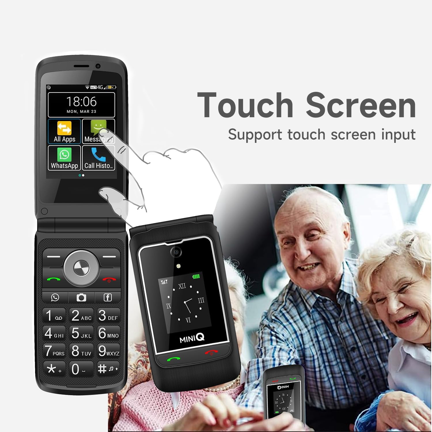 TIQ Mini US Q5 4G Smart Flip Phone - Tmobile Compatible, Android MTK6739, Multilingual Touch Screen