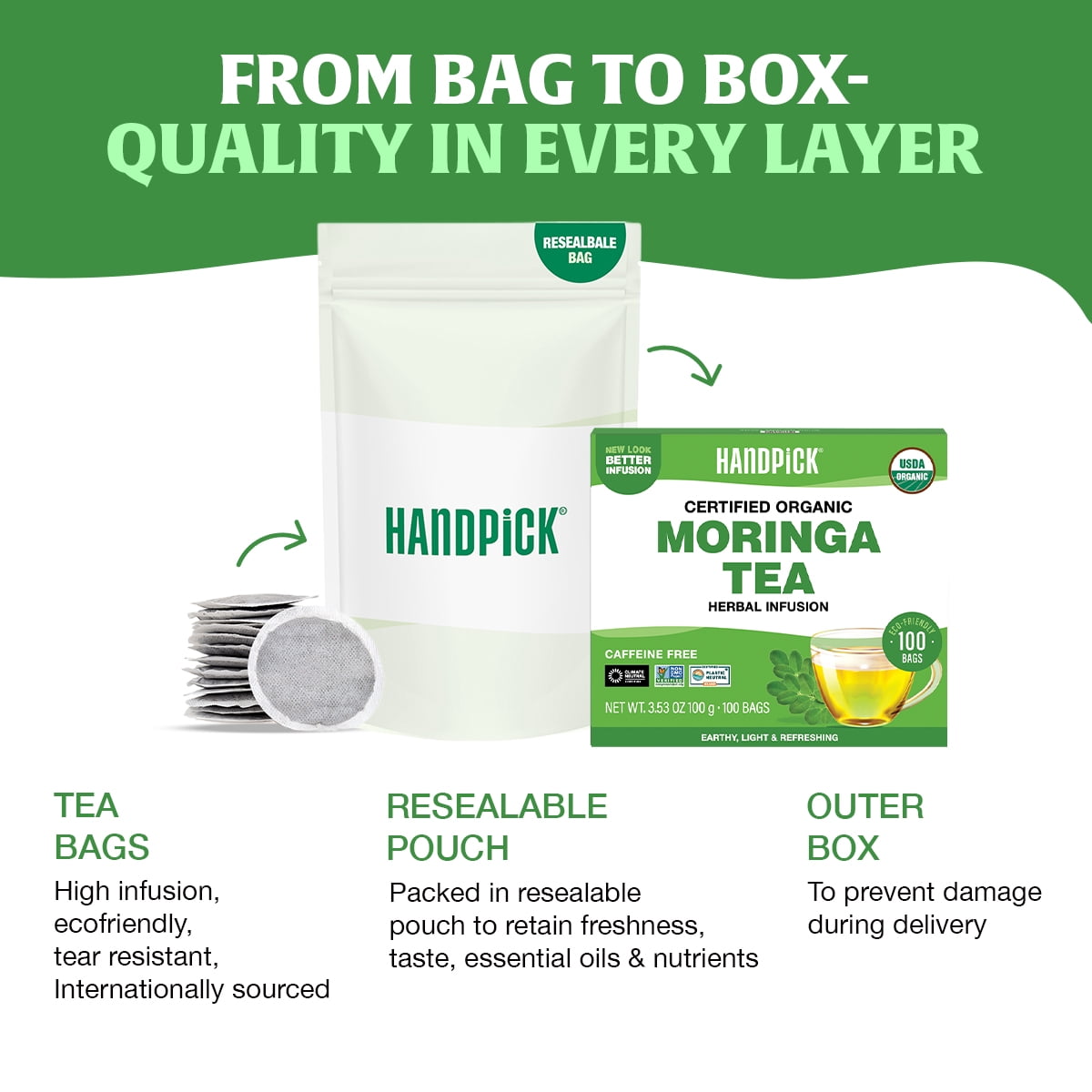 HANDPICK Organic Moringa Tea Bags (100 Count), Pure Moringa Leaves | Authentic Indian Origin