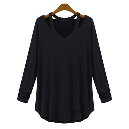 Halter Fashion Ladies Tube Top - Women`s Lady Fashion Casual V Neck Halter Long Sleeve Knit T Shirt Tops Blouse Black S