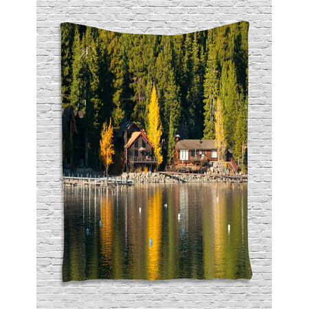 Lake Tahoe Tapestry, Carnelian Bay Photography Log Cabin in the Woods Holiday Destination Lakeside, Wall Hanging for Bedroom Living Room Dorm Decor, Multicolor, by (Best Wood For Log Cabin)