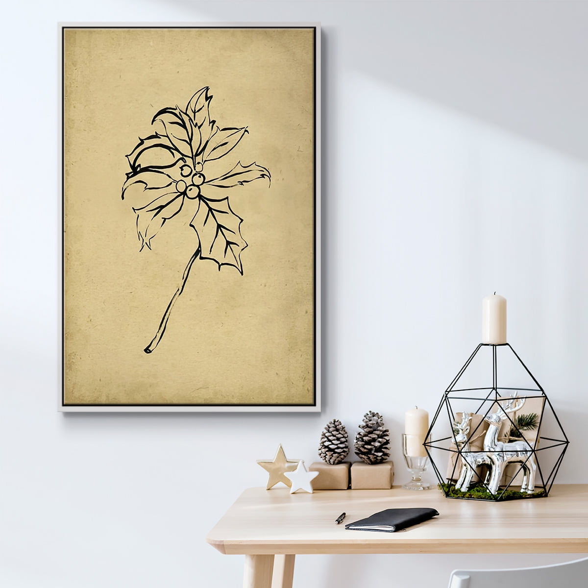Holly Branch II - Framed Gallery Wrapped Holiday Canvas - 17 x 25 - White Frame