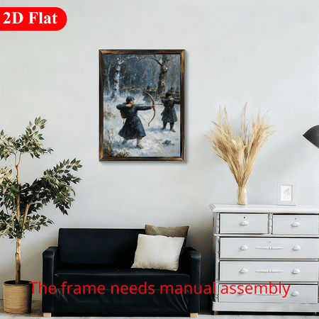12x16 Inch Rectangular Framed Wood Wall Art, Historical Winter Battle Scene with Archers in Snowy Forest 1pc for Living Room Office Wall Decor
